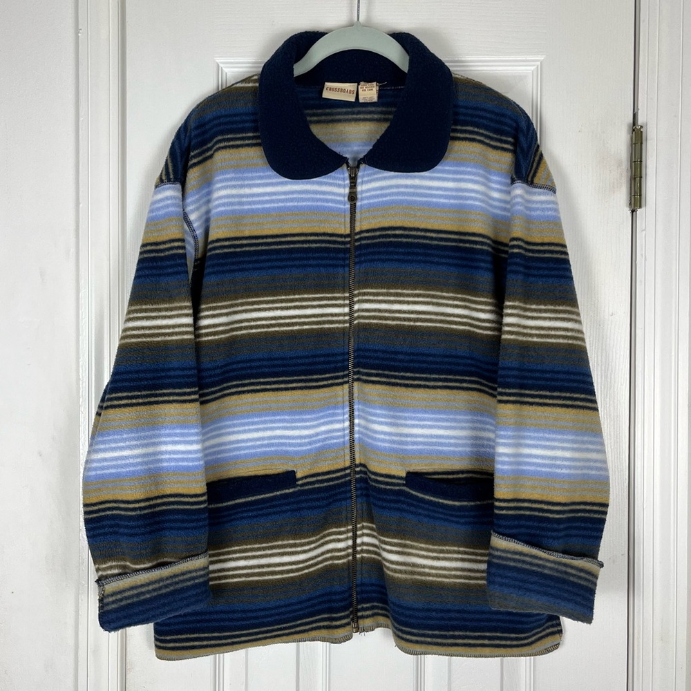 Vintage Crossroads Striped Fleece Sweater Jacket Sz M Cottagecore Country 90’s